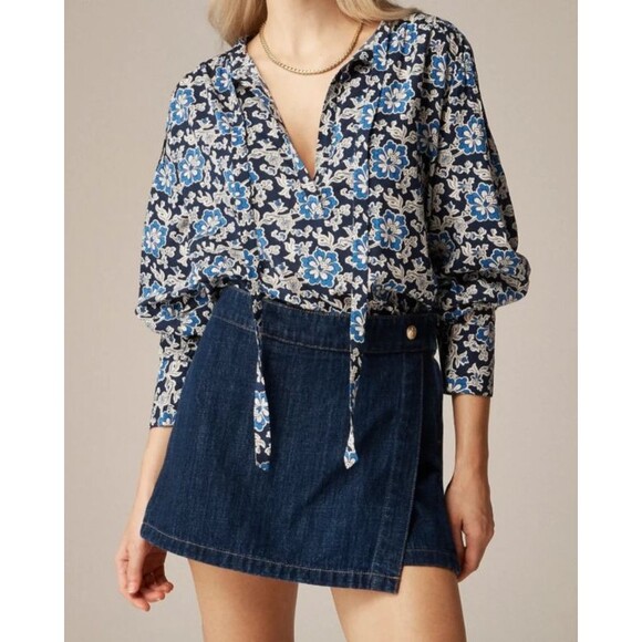 J. Crew Tops - J.Crew V Neck Tie Top Floral Cotton Blend Dobby Blue Floral Long Puff Sleeve M